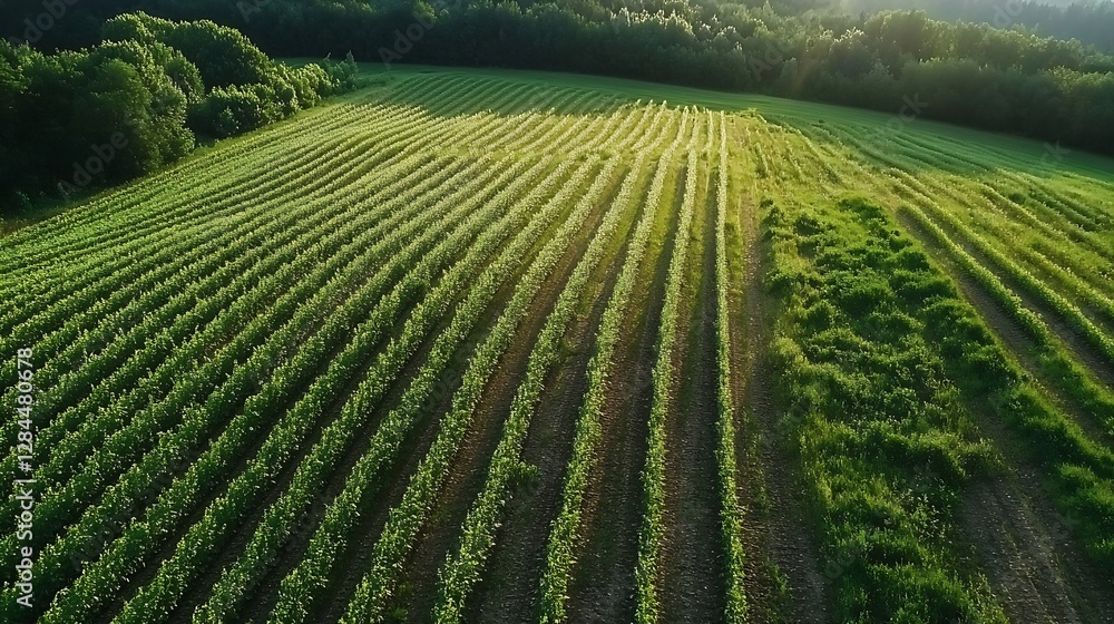 Fototapeta premium Aerial view of lush green agricultural fields with neatly arranged rows in natural lighting : Generative AI