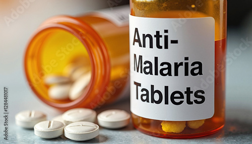 Anti-malaria tablets in orange prescription bottle