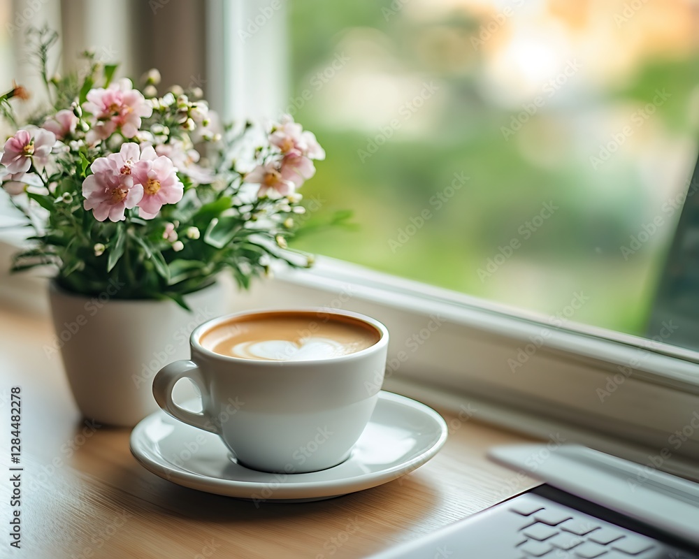 Coffee cup and flowers are placed on a wooden table Coffee cup and flowers are placed on a wooden table