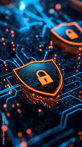Digital Shield Icons Representing Data Security and Cyber Protection in a High-Tech Network Environment