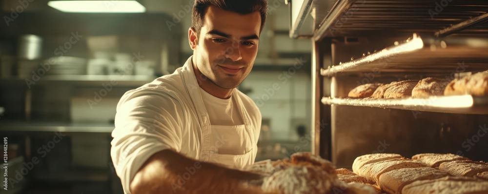 Young hispanic male baker checking fresh bread in oven at bakery Young hispanic male baker checking fresh bread in oven at bakery