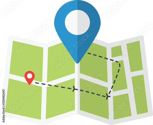 Map with location pin and route illustration in flat vector art style