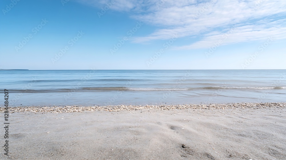 Tranquil Beach View Under a Clear Sky with Gentle Waves Lapping at the Sandy Shore : Generative AI