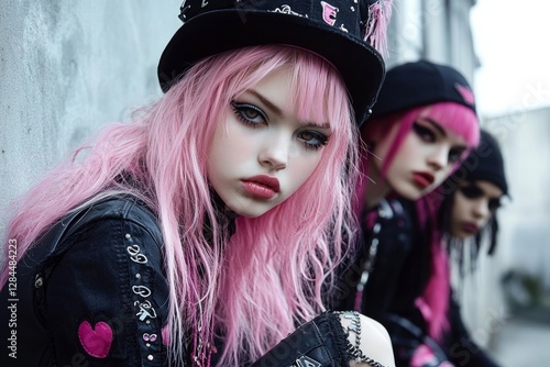 Group of emo teen girls wearing pink wigs and black clothes posing together