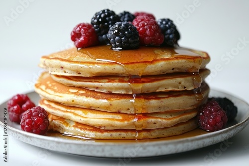 A tempting stack of pancakes drizzled with syrup and fresh blackberries and raspberries sitting on an off-white plate and off-white background.