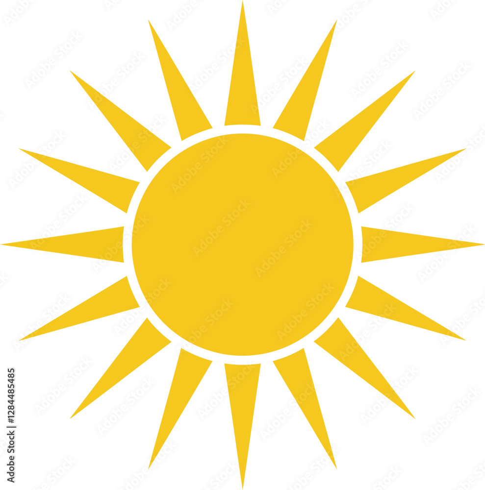 Bright yellow sun icon in flat design with sharp rays and minimal style vector art Bright yellow sun icon in flat design with sharp rays and minimal style vector art