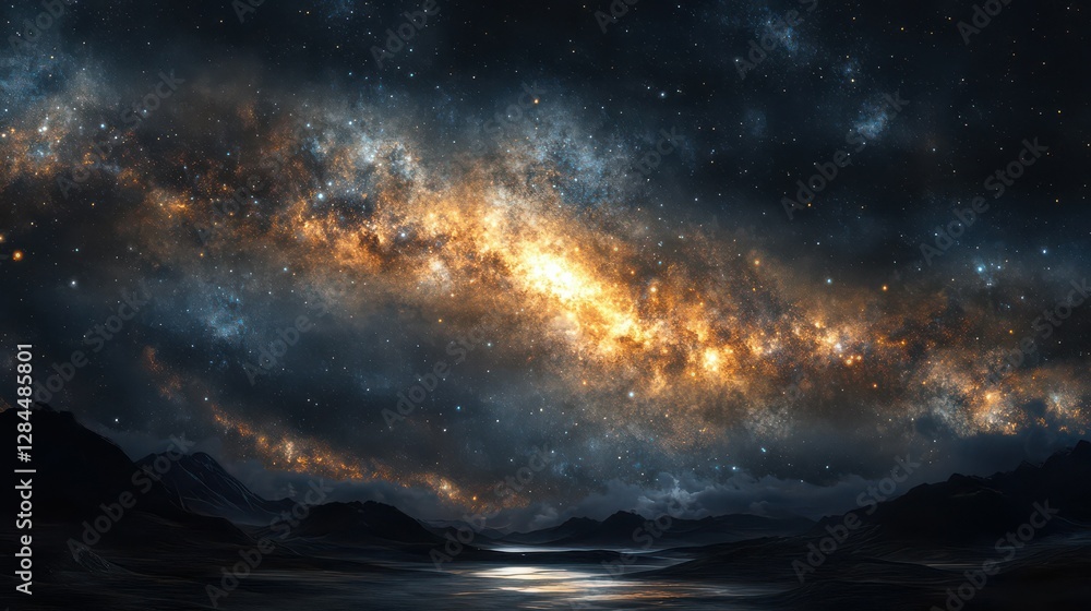 Fototapeta premium Spectacular view of a luminous galaxy with star-filled night sky over mountains