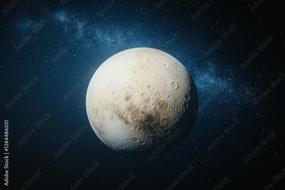 Obraz premium Detailed view of a cratered moon against a starry cosmic backdrop.