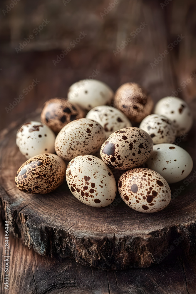 Nature's Artistry: A Rustic Display of Speckled Quail Eggs in Earthy Tones Nature's Artistry: A Rustic Display of Speckled Quail Eggs in Earthy Tones