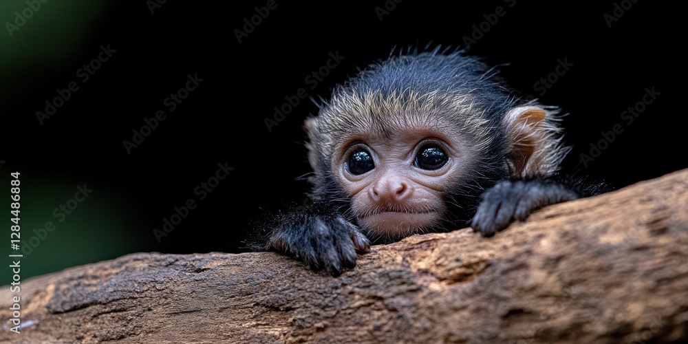 Naklejka premium Shy baby monkey peeks over wood, eyes filled with wonder, highlighting the innocence and curiosity of youth in its natural surroundings.