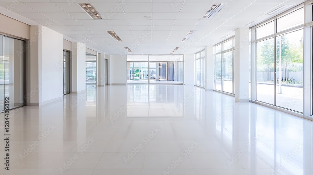 Spacious and bright empty interior of a modern building featuring large windows and polished floors : Generative AI Spacious and bright empty interior of a modern building featuring large windows and polished floors : Generative AI