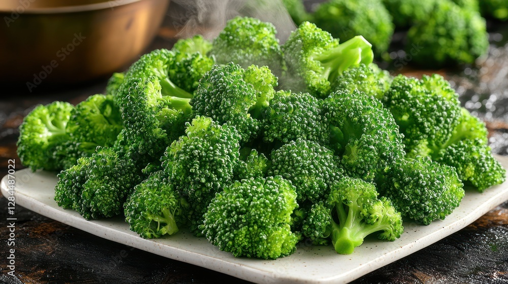 Steamed broccoli on a plate, steaming pot in background Steamed broccoli on a plate, steaming pot in background