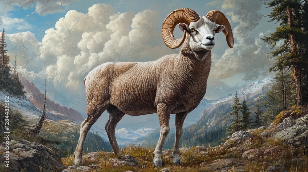 Naklejka premium Majestic Mountain Ram Wildlife Art Dramatic Landscape Painting Powerful Horns Brown Fur Wild Animal Nature Scene Rocky Mountains Scenic View