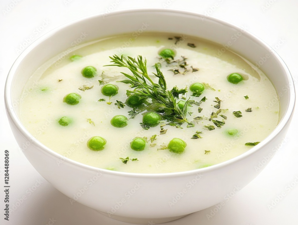Warm, comforting dish with creamy broth and whole peas as a garnish. Warm, comforting dish with creamy broth and whole peas as a garnish.