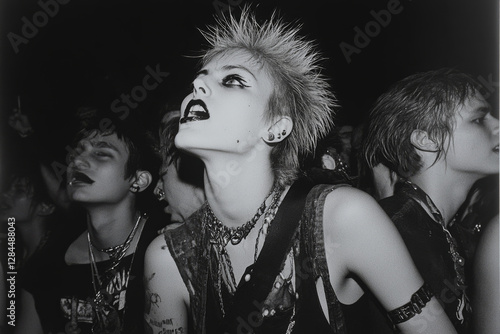 Group of punk rockers with mohawks and piercings enjoying a live music concert