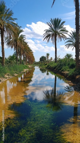 Calm canal with palm trees reflecting in clear water under a blue sky with fluffy clouds.