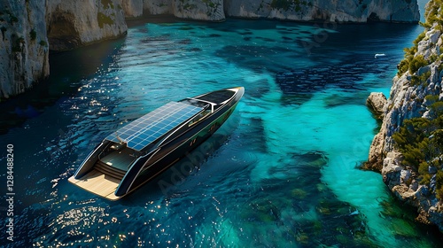 A luxury yacht powered by solar energy gliding across crystal-clear waters in a scenic bay.

