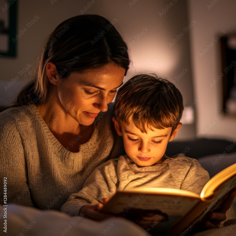 A cozy night scene featuring a mother reading a story to her young son. The warm glow of light illuminates their faces, creating a heartfelt and memorable moment. A cozy night scene featuring a mother reading a story to her young son. The warm glow of light illuminates their faces, creating a heartfelt and memorable moment.