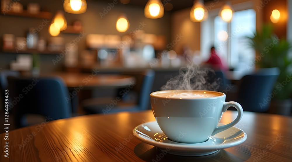 A steaming cup of coffee sits on a wooden table with a blurred café background, creating a warm and inviting atmosphere perfect for relaxation or socializing A steaming cup of coffee sits on a wooden table with a blurred café background, creating a warm and inviting atmosphere perfect for relaxation or socializing