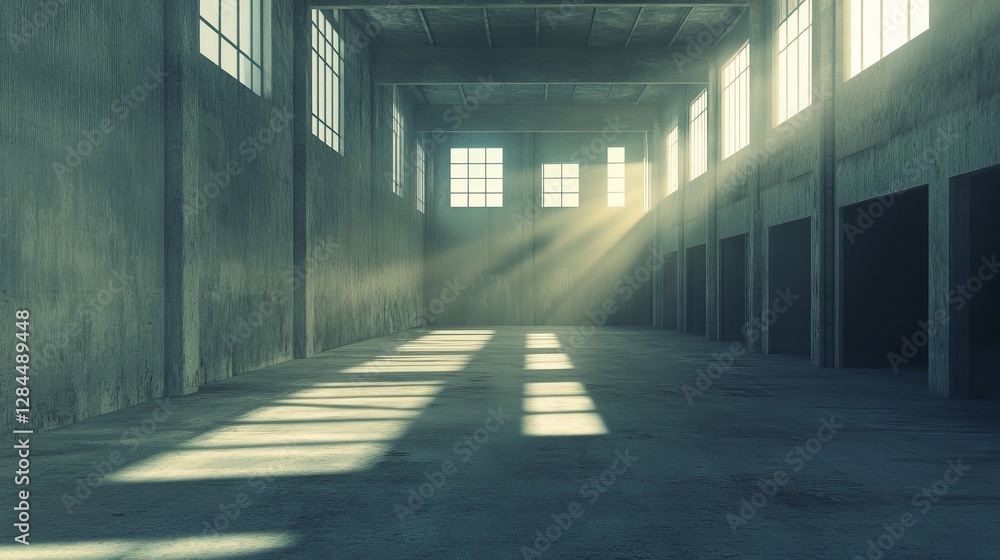 Empty warehouse or storehouse illuminated by natural daylight 3D illustration Empty warehouse or storehouse illuminated by natural daylight 3D illustration