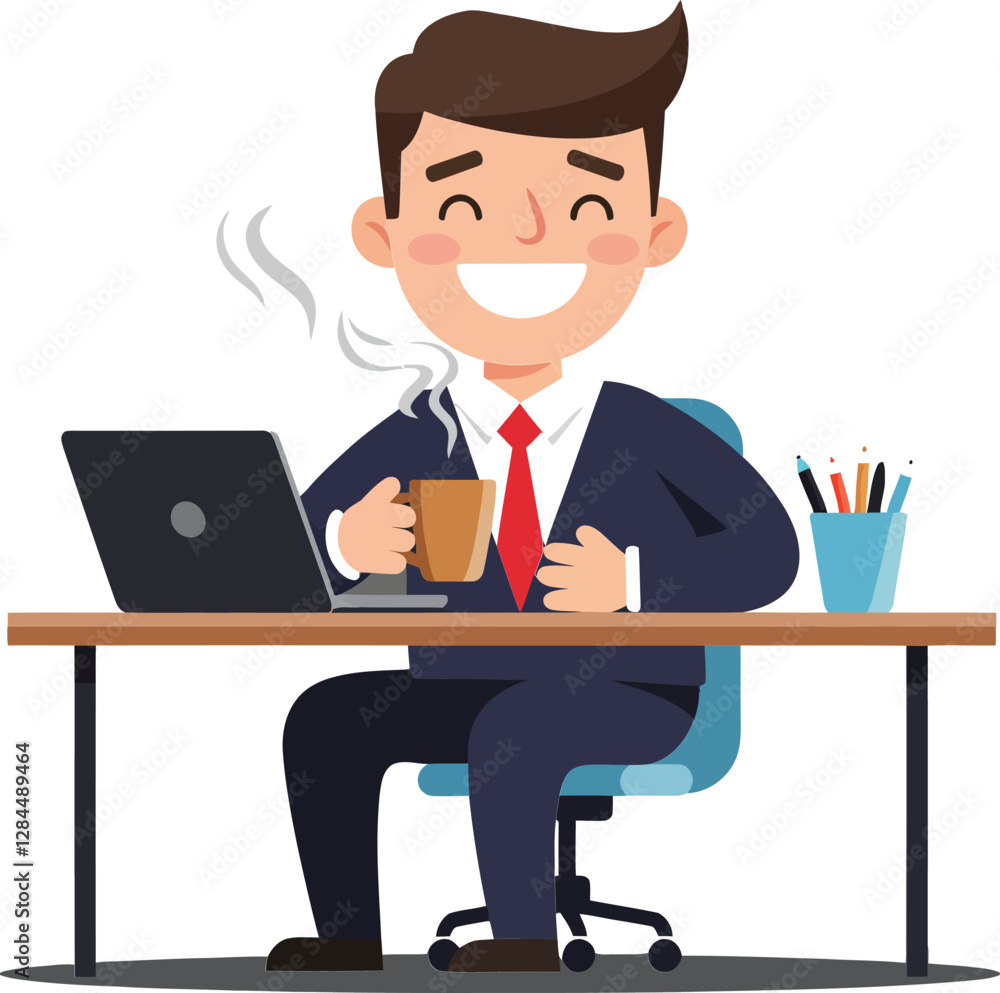 Smiling businessman enjoying coffee at desk with laptop flat vector art Smiling businessman enjoying coffee at desk with laptop flat vector art