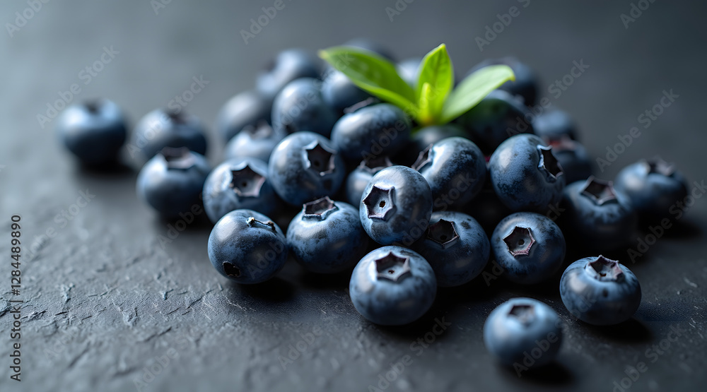 Fresh blueberries are piled together with a small green leaf accentuating their rich blue color and inviting texture on a textured dark surface Fresh blueberries are piled together with a small green leaf accentuating their rich blue color and inviting texture on a textured dark surface