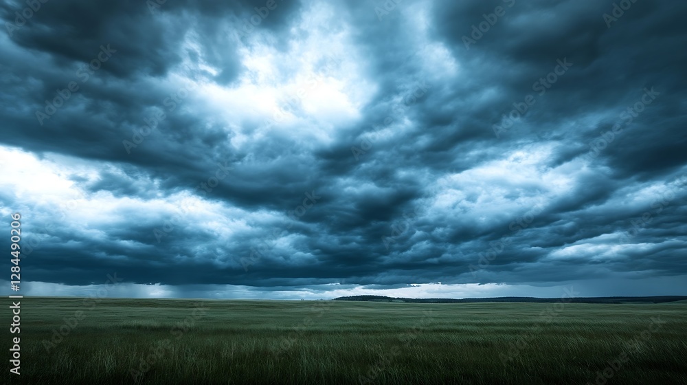 Dramatic storm clouds rolling over a vast green field creating a powerful and moody atmosphere : Generative AI Dramatic storm clouds rolling over a vast green field creating a powerful and moody atmosphere : Generative AI