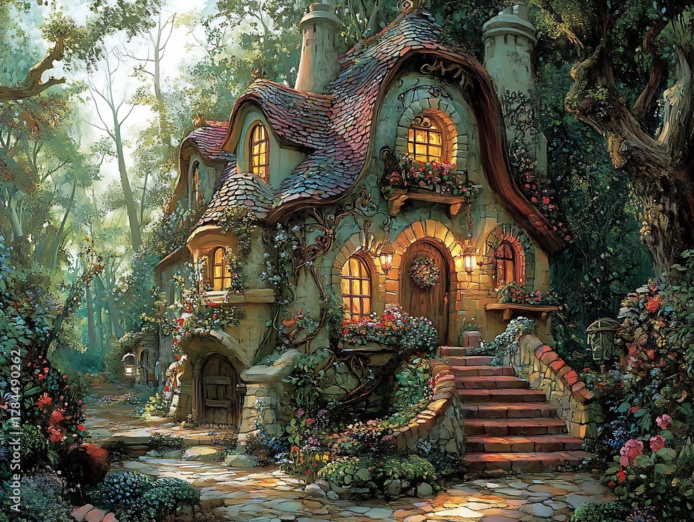 Fototapeta premium A whimsical cottage in a magical forest surrounded by lush greenery