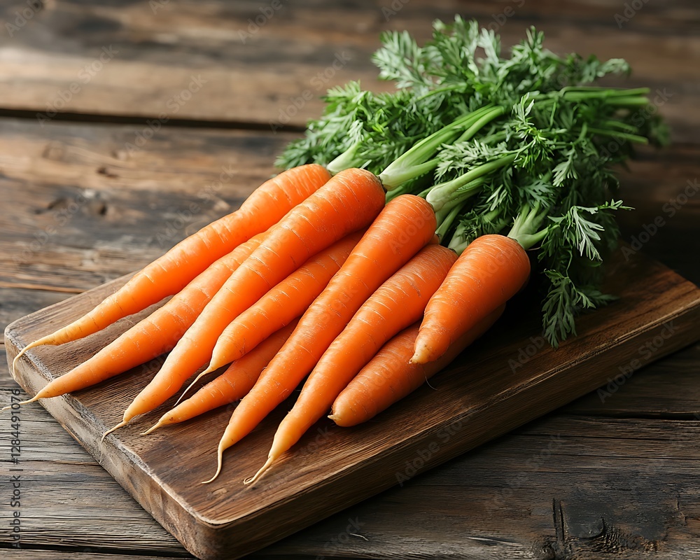 Fresh carrots and green leafy greens are presented on wood Fresh carrots and green leafy greens are presented on wood
