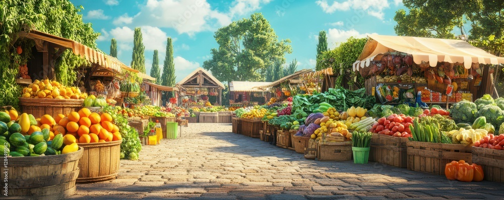 Bustling farmers market with fresh produce in a sunny outdoor setting Bustling farmers market with fresh produce in a sunny outdoor setting