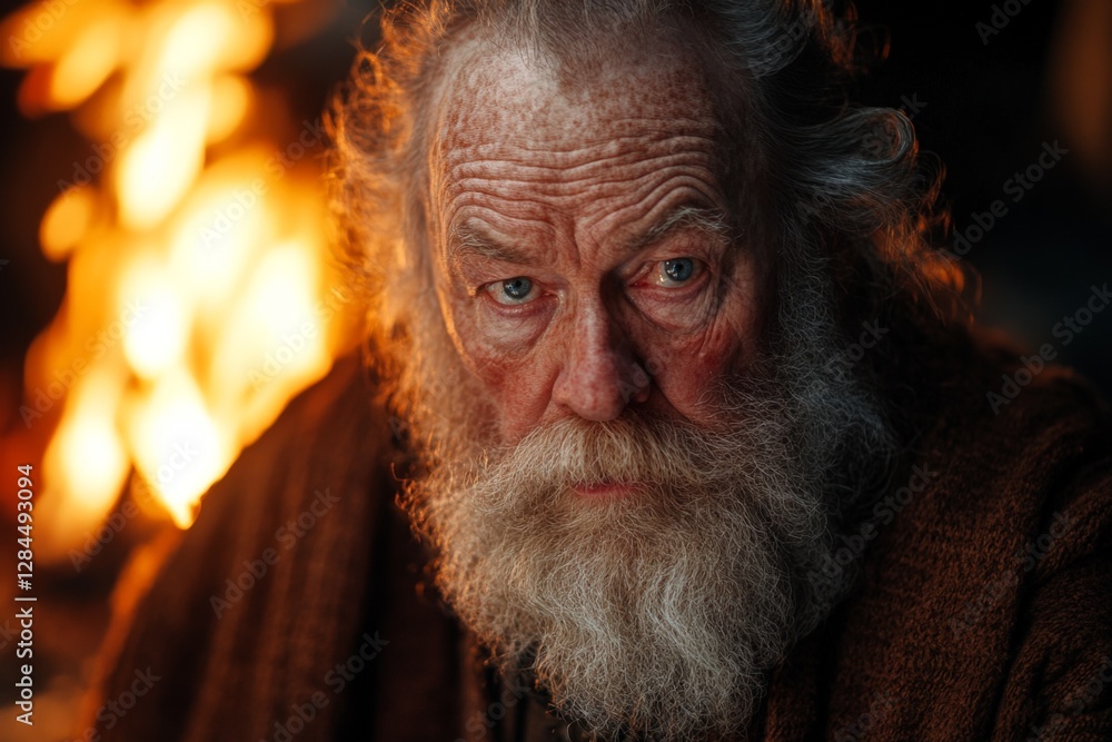 Obraz premium Portrait of a wise elder by the fire in a rustic setting during twilight hours capturing deep reflections and thoughtful expressions