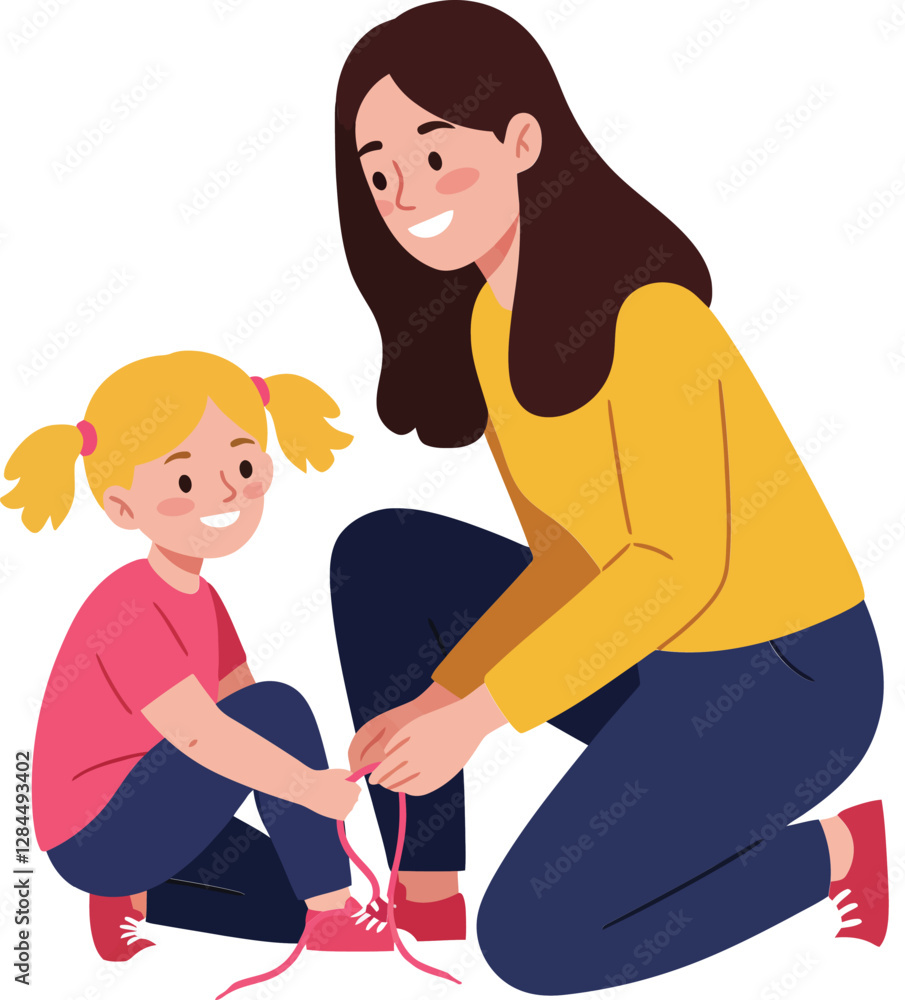Mother helping daughter tie shoelaces in flat, colorful, cheerful vector illustration Mother helping daughter tie shoelaces in flat, colorful, cheerful vector illustration