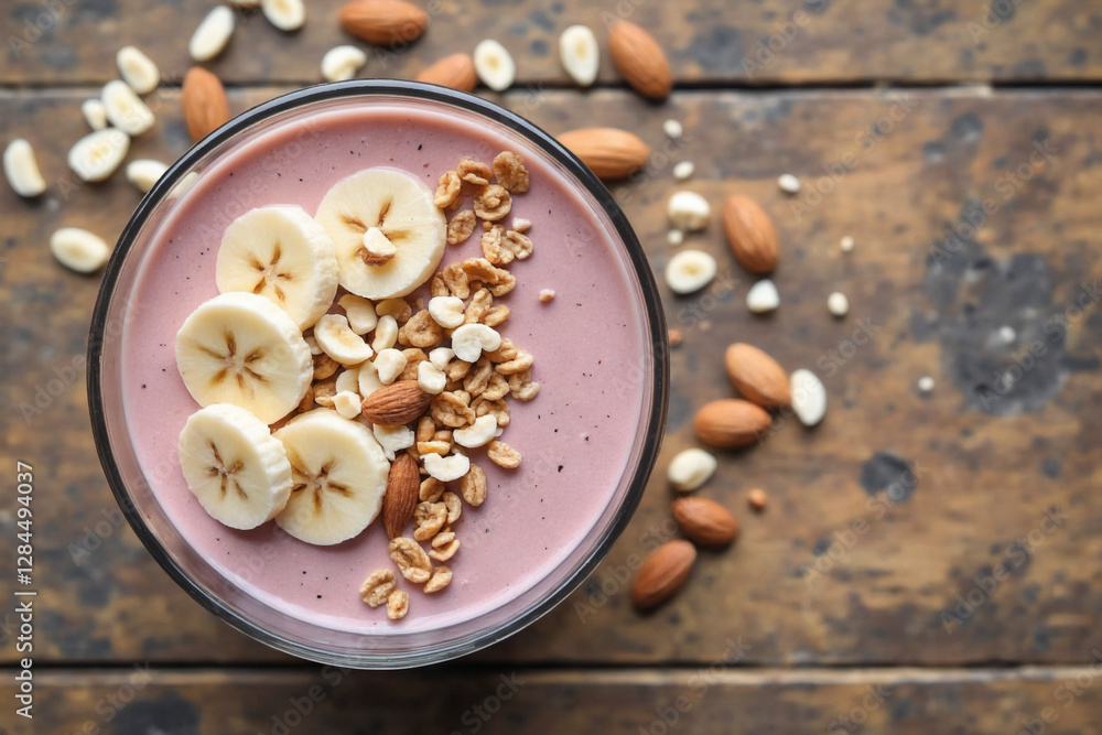 Berry banana smoothie bowl with almonds and granola, healthy breakfast on rustic wooden table Berry banana smoothie bowl with almonds and granola, healthy breakfast on rustic wooden table