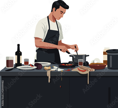 Man cooking in a messy kitchen, flat vector illustration of culinary scene