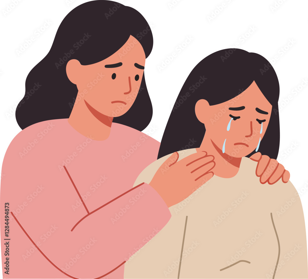 Two women expressing emotions in a comforting scene, flat vector illustration Two women expressing emotions in a comforting scene, flat vector illustration