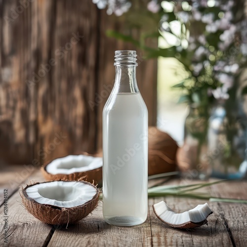 A glass bottle of mct oil with fresh coconut halv tropical ingredients for healthy living and wellness