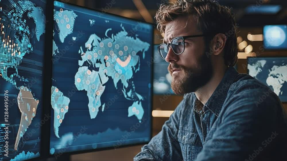 World Analysis: A focused man intently monitors global data on computer ...