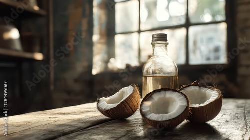 A glass bottle of mct oil with fresh coconut halv surrounded by tropical fruits on a wooden table