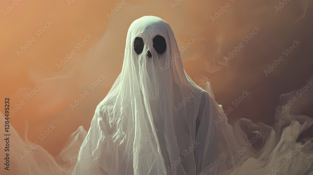 Ghostly figure in white sheet with empty eyes on smoky background Ghostly figure in white sheet with empty eyes on smoky background