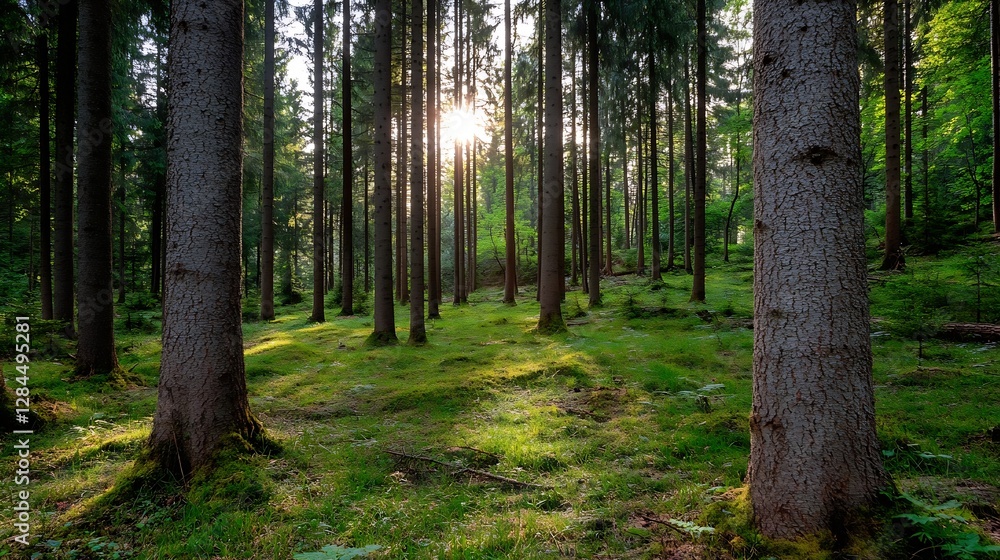 Serene Pine Tree Forest Bathed in Soft Sunlight Creating a Peaceful Atmosphere in Nature : Generative AI Serene Pine Tree Forest Bathed in Soft Sunlight Creating a Peaceful Atmosphere in Nature : Generative AI