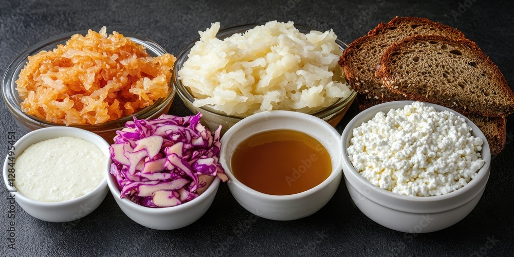 Freshly made fermented vegetables arranged on a table. Includes cucumber, sour cream, and pickles. Perfect as an appetizer or side dish for ethnic cuisine. Freshly made fermented vegetables arranged on a table. Includes cucumber, sour cream, and pickles. Perfect as an appetizer or side dish for ethnic cuisine.