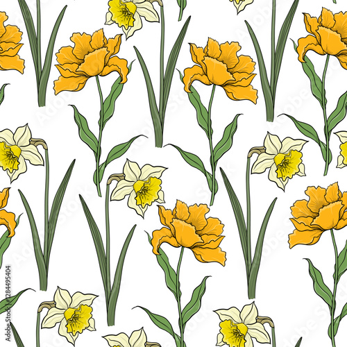 Seamless Pattern With Painted Colorful Flowers Tulips And Daffodils On White Background