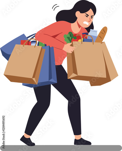 Woman struggling with heavy shopping bags in minimal flat vector illustration