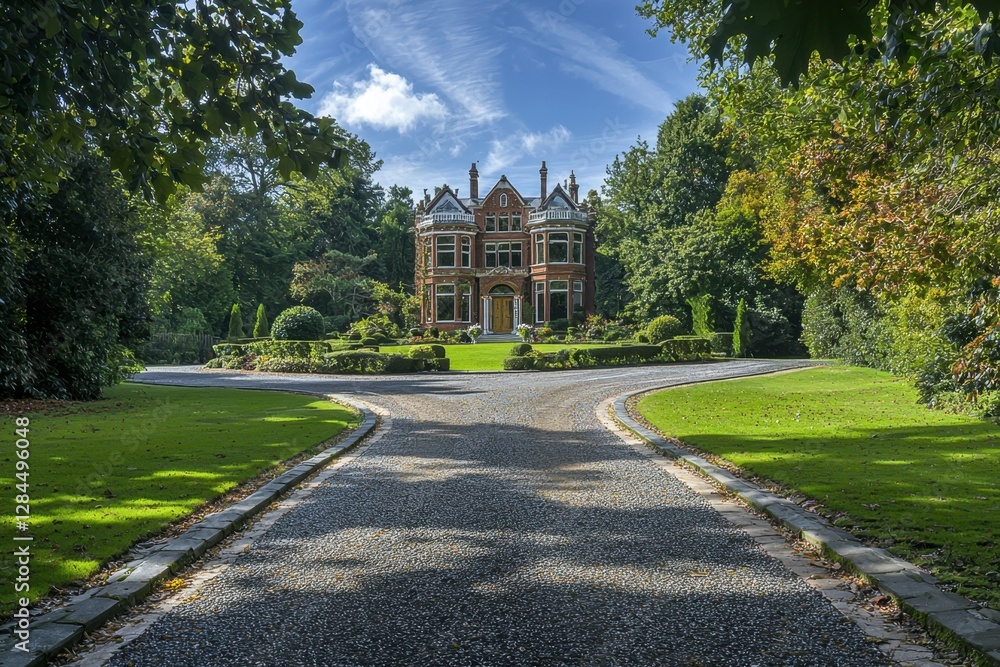 Obraz premium A grand historic mansion at the end of a tree-lined driveway, surrounded by lush gardens.