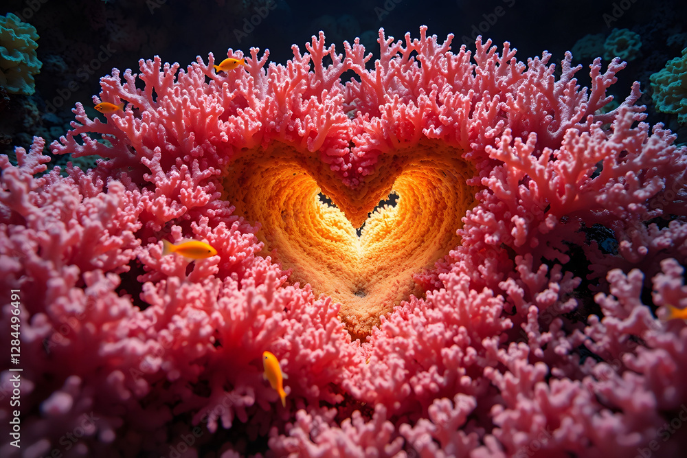 Fototapeta premium Heart-shaped Coral Opening with Bright Fish