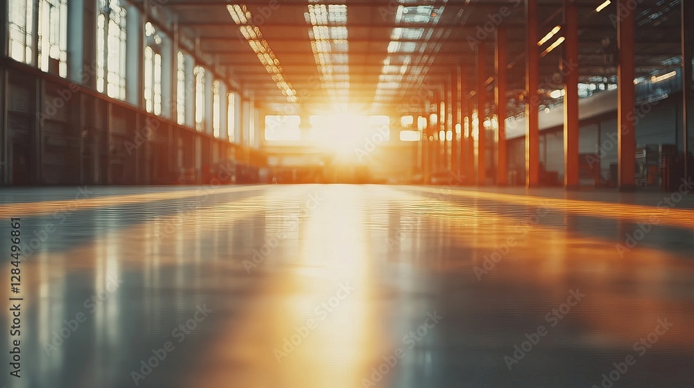 Modern warehouse interior with a blurred background and evening light effect Modern warehouse interior with a blurred background and evening light effect