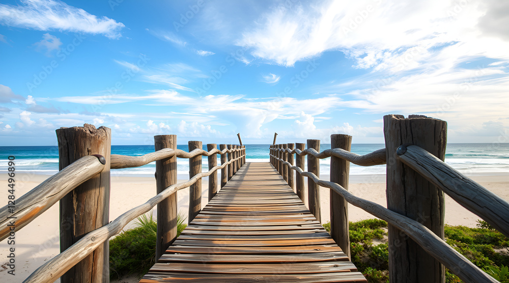 Fototapeta premium This artwork emphasizes the rustic design of a wooden footbridge that leads people to the beach, highlighting the excitement and thrill it provides as well as the trail it offers to paradise.