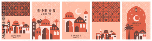 Ramadan Kareem, Eid Mubarak  greeting card, poster, social media banner cover design template modern geometric style, graphic print set collection