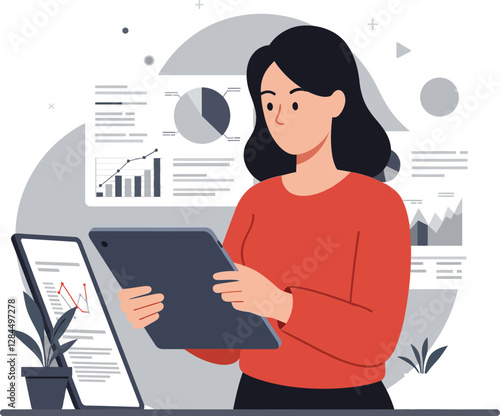 Professional woman analyzing data with tablet in flat vector art