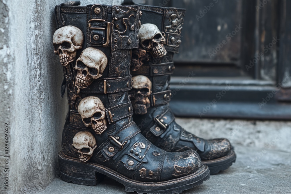 Stylish heavy metal boots decorated with skulls leaning against a wall Stylish heavy metal boots decorated with skulls leaning against a wall